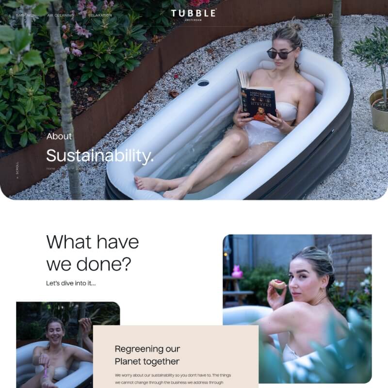 Desktop duurzaamheidspagina van Tubble met lifestylebeelden in opblaasbaar bad
