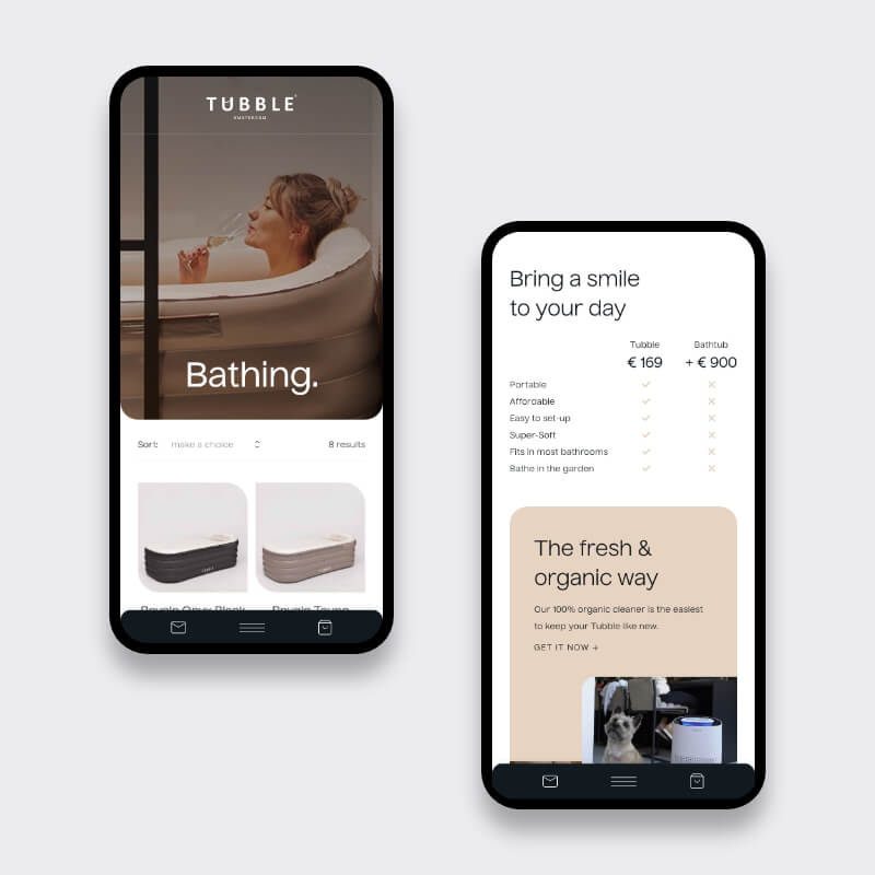 Mobiele Tubble-pagina’s met productoverzicht en vergelijking tussen opblaasbaar bad en luchtreiniger