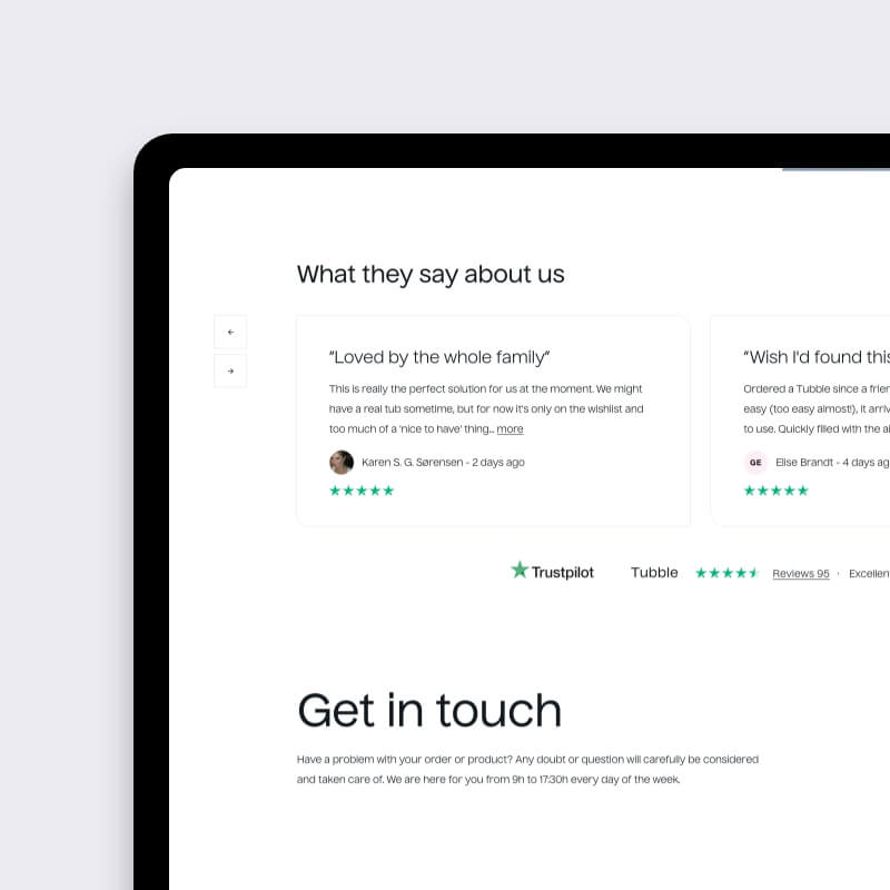 Desktop testimonial- en contactsectie van de Tubble website