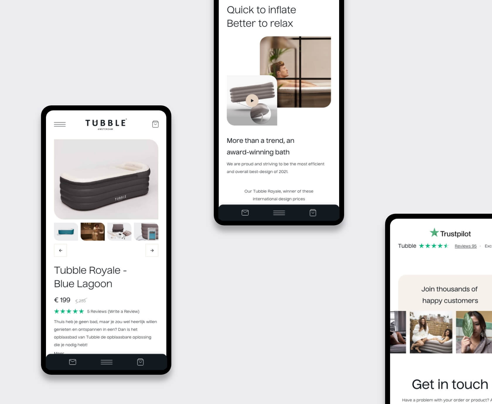 Mobiele product-, informatieve en contactpagina’s van de Tubble website