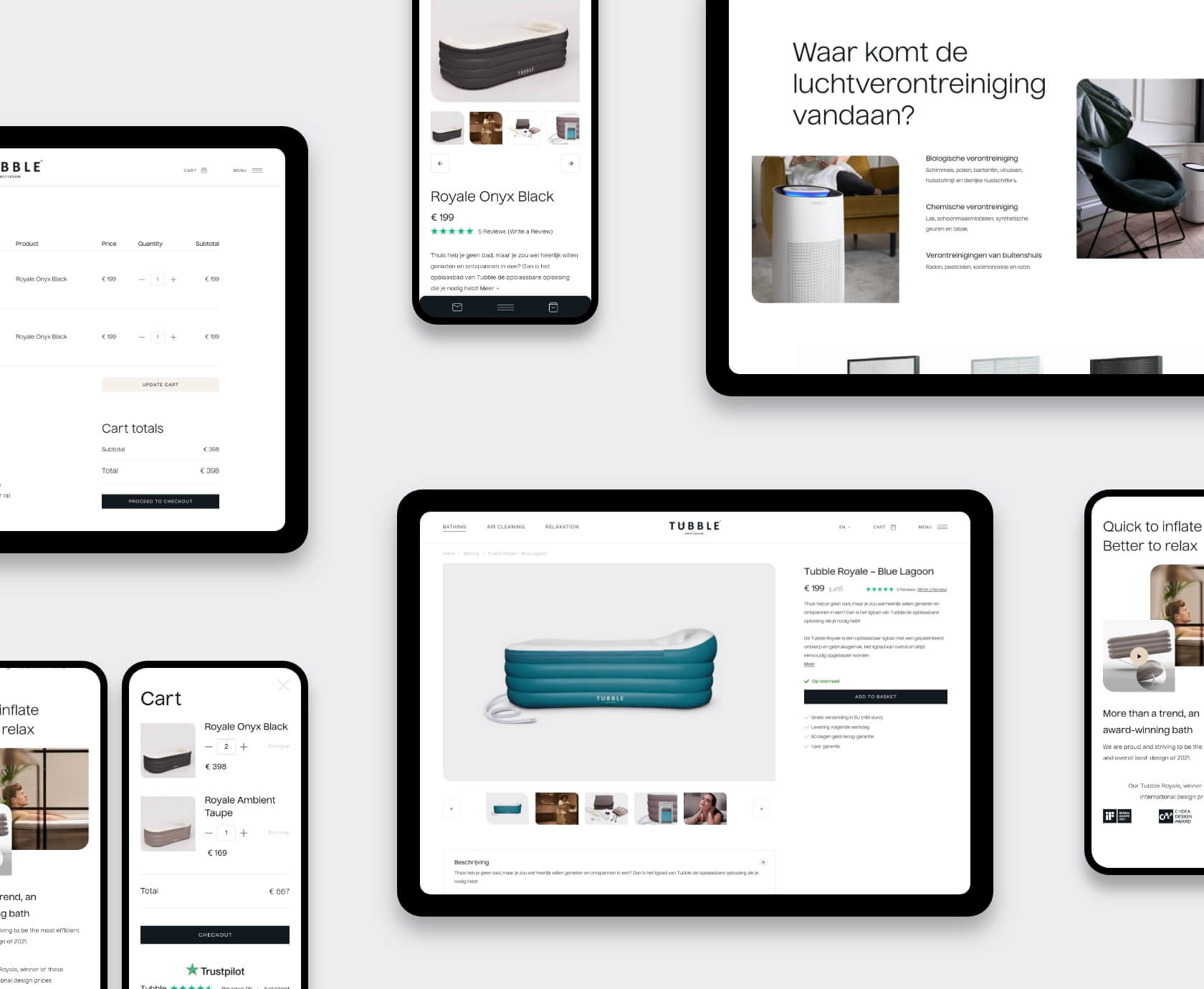 Mock-up van Tubble webshop met winkelwagen, productpagina en luchtreinigingspagina op desktop en mobiel