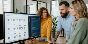 Drie collega's bekijken webshop interface op groot scherm tijdens een webshop laten maken project