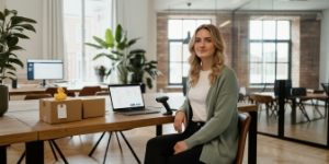 Ondernemer in modern kantoor met verpakkingsdozen, klaar om haar e-commerce website te lanceren