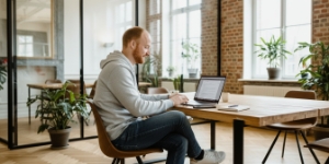 Developer werkt zelfstandig aan professionele webshop laten maken op laptop, lichte kantoorruimte