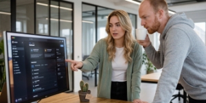 Ontwerper wijst scherm aan tijdens review van website laten bouwen voor een bedrijfsklant