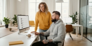 Twee developers werken samen aan het bouwen van een professionele website op iMac in modern kantoor