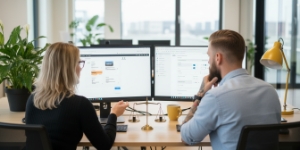 Duo bekijkt live omgeving tijdens oplevering van een bedrijfswebsite laten maken, dubbel scherm opstelling