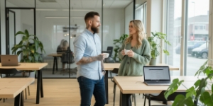 Korte afstemming tussen projectleden tijdens een website laten maken traject, informeel overleg kantoor