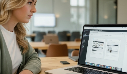 Medewerker verplaatst kaart in wandgrid als metafoor voor aanpassen WordPress paginasjablonen, white label webdevelopment