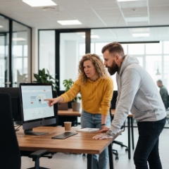 Twee collega's bekijken een websiteontwerp op een groot scherm in een modern kantoor, white label webdiensten bureau