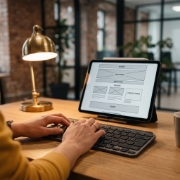 Handen op toetsenbord met wireframe op achtergrondscherm, white label webdiensten in uitvoering