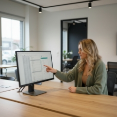 Developer leest backend-interface op Apple Studio Display, white label IT staff augmentation in Zwolse kantooromgeving