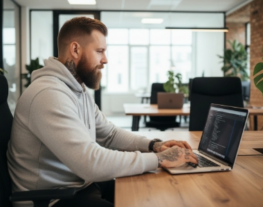 Developer typt geconcentreerd op MacBook Air met code-editor, white label IT staff augmentation flexibele IT-capacitei