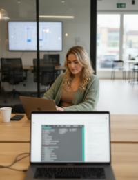 Over-screen opname van developer die backend-paneel leest op MacBook Pro, white label developers inhuren Zwolle