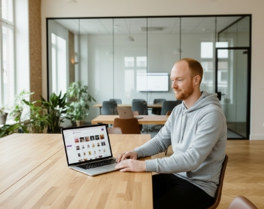 Developer leest WooCommerce paneel op MacBook Air in breed kantoorzicht, WooCommerce bureau uitbesteden Zwolle