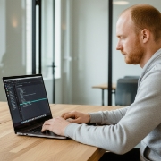 Vogelperspectief van developer op MacBook Air met WordPress page builder, maatwerk WordPress website bureau Zwolle
