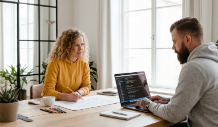 Designer en developer werken samen aan white label WordPress webdesign lay-out en code, modern kantoor