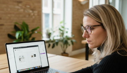 Developer vergelijkt productpagina-lay-outs in WooCommerce thema-editor op MacBook Pro, maatwerk WooCommerce webshop