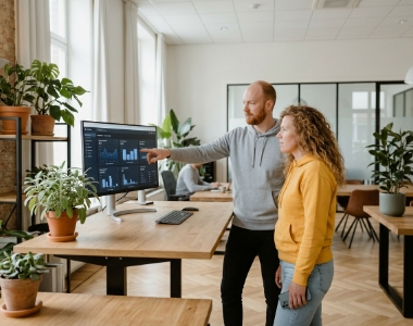 iOS app bureau analyseert Swift app prestaties op groot scherm in een lichte kantoorruimte