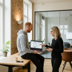 iOS app bureau bespreekt iPhone app ontwikkelen: man toont laptop met app-ontwerp aan collega in modern kantoor