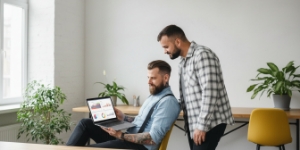 Online reputation management services reporting and analysis session, reviewing outcomes in a blurred interface