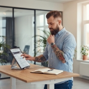 Ontwikkelaar staat alleen aan bureau en beoordeelt progressive web app laten ontwikkelen op tablet met notitieblok