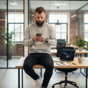 Ontwikkelaar zit op een bureau en controleert een cross-platform app op zijn smartphone in een moderne kantoorruimte