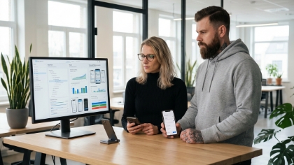 Man en vrouw overleggen over een cross-platform app laten ontwikkelen aan een tafel met laptop en koffie