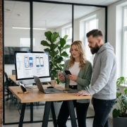 Man en vrouw bekijken een iOS en Android app op een groot scherm tijdens cross-platform app ontwikkeling