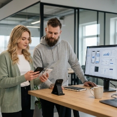 Twee collega's bespreken een cross-platform app laten ontwikkelen voor iOS en Android bij een staand bureau