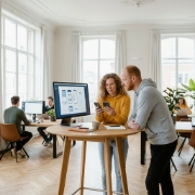 Twee collega's bekijken voortgang van iOS app laten ontwikkelen op groot scherm in open kantoor