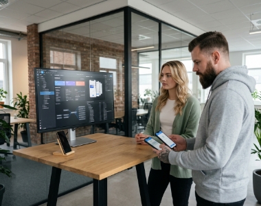 Twee collega's beoordelen een cross-platform app laten ontwikkelen met Flutter en Kotlin op een groot scherm