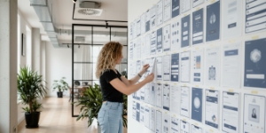 UX UI Design workshop with wall-sized wireframes and flows, user experience design mapped by a UX/UI design agency