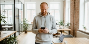 UX UI design bureau medewerker bekijkt mobiele interface op smartphone in modern kantoor