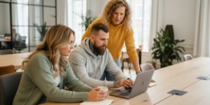 UX/UI design agency team bespreekt conversion-focused UI ontwerp samen achter laptop