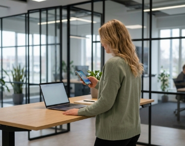 Vrouw staat met rug naar camera en controleert installeerbare web app op smartphone naast open laptop in glazen kantoor