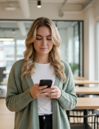 Vrouw bekijkt en test een iOS en Android app op haar smartphone in een modern kantoor