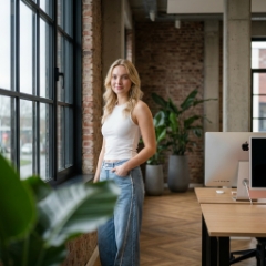 Studio Ubique collega in een staand portret bij een hoog industrieel raam, Zwols kantoor, natuurlijk daglicht