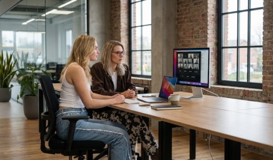 Two colleagues working together on a design on an Apple Studio Display in the Zwolle industrial office