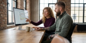 Twee teamleden redigeren tone-of-voice in tekst-editor op Apple Studio Display