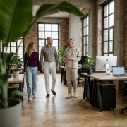 Three Studio Ubique colleagues walking through the Zwolle industrial office in mid-conversation, blurred foreground for depth