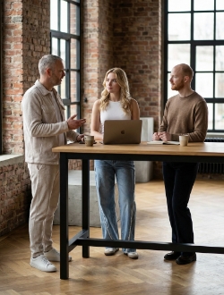 Three Studio Ubique colleagues in a standing discussion around a high wooden table in the Zwolle industrial office