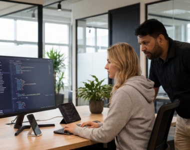 Developer en collega reviewen code voor website Zwolle op groot scherm