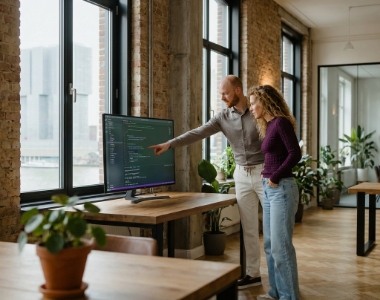 Developer en collega reviewen code voor website bouwen Rotterdam op groot scherm