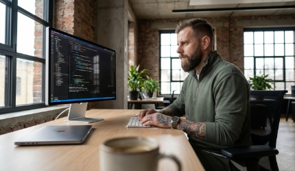 Two testers reviewing QA documentation and UI mockups on large monitor with coffee in office
