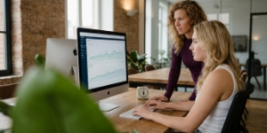 Collega's monitoren implementatie-resultaten conversie-optimalisatie op iMac-dashboard