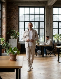 Webdesign bureau Rotterdam, medewerker in kantoor met collega aan bureau op achtergrond