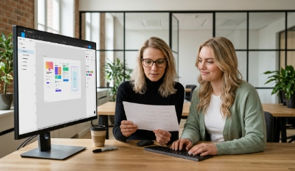 Developer showing responsive website design on laptop and smartphone in bright industrial office
