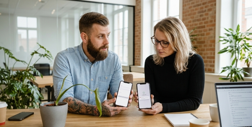 Vergelijking naast elkaar van een app-scherm zonder laadstatus en een scherm met een gedefinieerde laad-, succes- en foutstatus