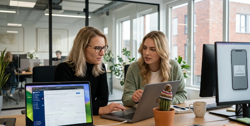 Close-up of a mobile phone screen showing a crash error dialog with a blurred team working in the background